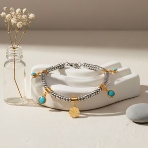 18K Gold Plated Stainless Steel Two Tone Turquoise Floral Charm Beaded Bracelet